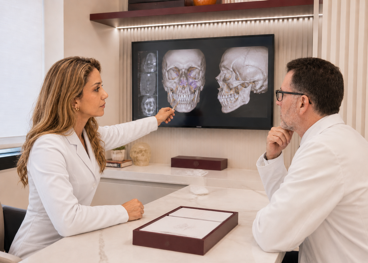 Dra. Letícia e Dr. Sérgio analisam um planejamento 3D da face em tela, na Sallus Maxilofacial