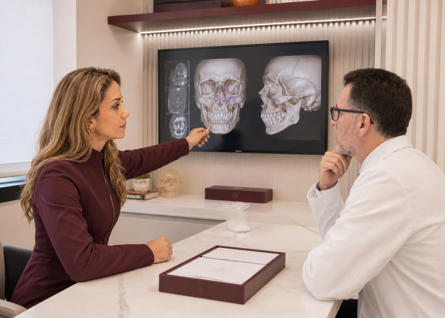 Dra. Letícia explicando o planejamento 3D de cirurgia ortognática para o Dr. Sérgio