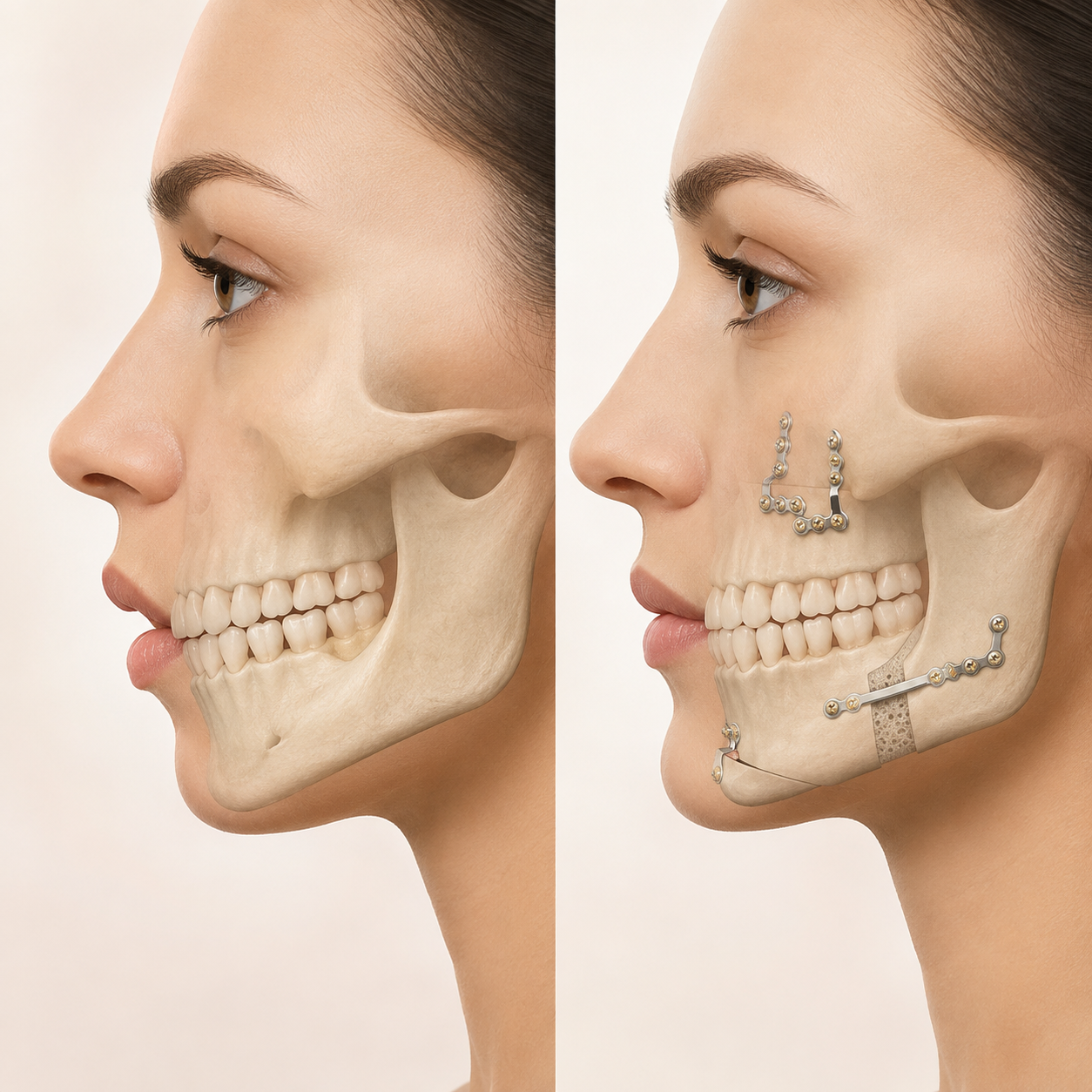 Ilustração médica comparativa de cirurgia ortognática: perfil facial antes e depois, mostrando a correção da mandíbula e maxila com placas e parafusos